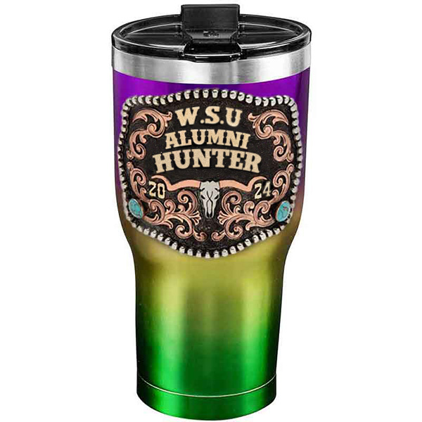 A customized tumbler made of stainless steel with a personalized engraved initials and Alumni Hunter lettering, 30 oz, ideal for coffee or cool drinks